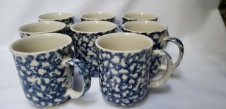 8 Folk Craft Sponge Blue & White Stoneware Coffee Mugs Cups - Tienshan