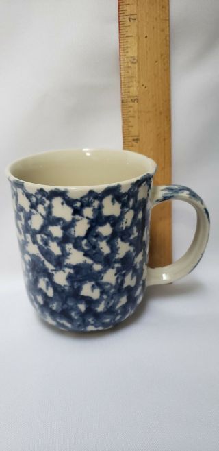 8 Folk Craft Sponge Blue & White Stoneware Coffee Mugs Cups - Tienshan 2