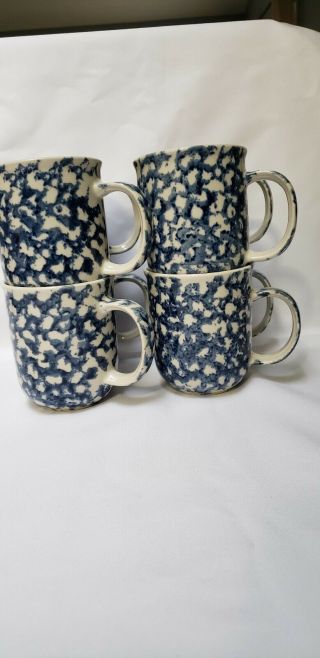 8 Folk Craft Sponge Blue & White Stoneware Coffee Mugs Cups - Tienshan 5