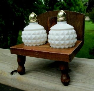 Vintage Milk Glass Quilted Blocks Salt & Pepper Shakers W/ Wooden Caddy Tray