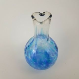 Glass Bud Vase Heart Shaped Opening,  Art Glass In Blues,  5 " Tall