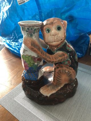 Vintage Hand - Painted Ceramic Monkey With Vase