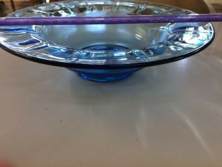 Vintage Blue Glass Shallow Bowl Hand Painted Flowers 9 " Shabby Chic Bungalow