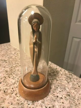 Anri 6 Inch Hand Carved Wood Praying Madonna Under Glass Dome