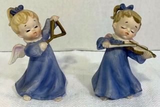 2 Vintage Lefton Kw1930 Porcelain Bisque Blue Girl Angels Playing Instruments