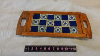 Vintage Folk Art Carved Wooden Ceramic Tile Trivet Tray With Moveablde Handles