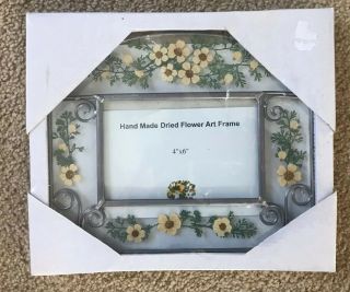 Nib - Pressed Dried Flowers Picture Frame - Leaded Glass 4x6” Photo Area