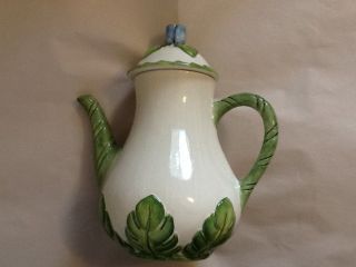 Jilly Walsh 2000 Mariposa Teapot Ivory W Green Leaves & Blue Flower Lid 9 " Italy