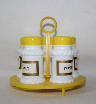 Whimsical Retro Yellow Plastic Round Spice Rack,  3 Spices,  Salt & Pepper Shakers
