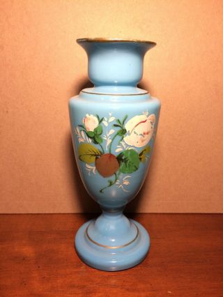 Vintage Blue Glass Flower Vase With Floral Design Approximately 9” Tall