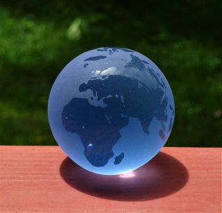Heavy Blue Glass Etched & Frosted World Globe Map Paperweight 3 " From Dft Excel.