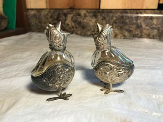 Vintage Silver Plated And Glass Chick Salt And Pepper Shakers