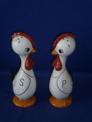 Vintage Tall Chicken Ceramic Salt & Pepper Shaker Set 6 Inch Circa 1950s
