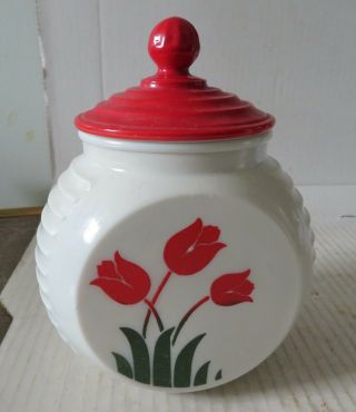 1950s Anchor Hocking Vitrock Red Tulips Glass Range Grease Jar With Lid