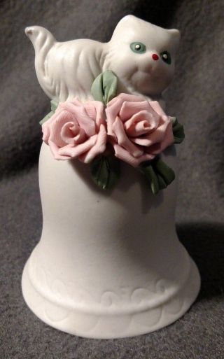Vintage Mid Century Porcelain Applied Roses Hand Bell With Kitten Handle