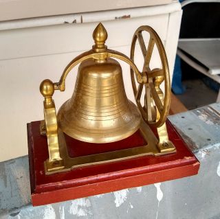 Vintage Ships Brass Bell On Wood Base W/ Pully Wheel Nautical Decor Desk Shelf