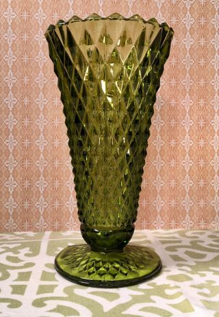Vtg Vase Indiana Emerald Forrest Green Art Glass Diamond Point Compote Footed