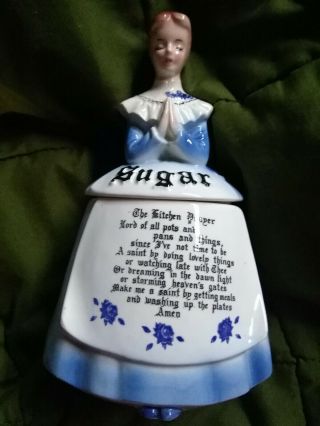 3 Day Vintage Enesco Sugar Prayer Lady Canister Mother In The Kitchen Blue