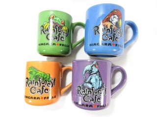 RAINFOREST CAFE Niagara Falls Set Of 4 Mugs Blue Green Orange And Purple 2000s 7