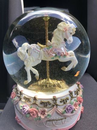 1996 San Francisco Music Box Company Carousel Horse Water Snow Globe Pink