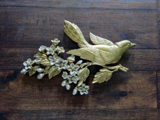 Gold Plastic Bird Dogwood Flowers Mid Century Wall Art Dart Vintage Syroco