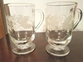 Set Of 2 Clear Glass Irish Pedestal Coffee Mugs Gold Trim Etched Ivy,  Latte Mugs