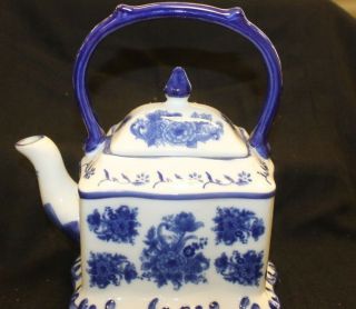 Vintage Blue And White Tea Pot Porcelain Top Handle Hand Painted Floral Design