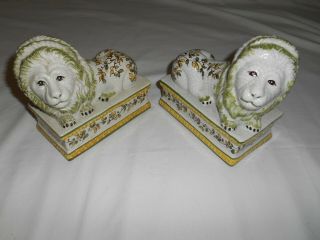 Vintage Set Of 2 White Lion Ceramic Majolica Bookends Crazing Made In Italy