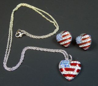 American Flag Christopher Radko Heart Shaped Necklace And Pierced Earring Set