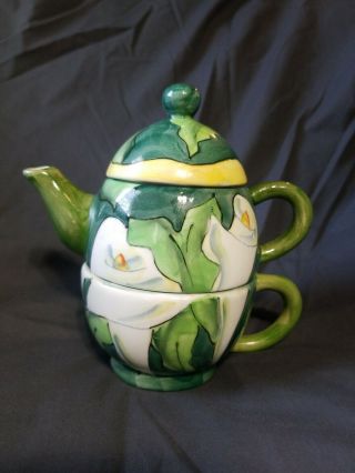 Unique Painted Ceramic Teapot With Lid & Tea Cup Denise Ford By Ganz Calla Lilie