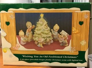 Precious Moments 6 Piece Porcelain Bisque Family Christmas Scene W/lighted Tree