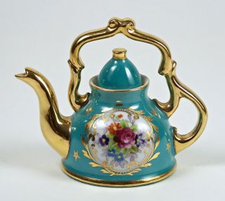 Vintage Miniature Porcelain Teapot Hand Painted Multi Color Floral Gold Handle