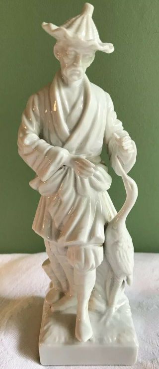 Fitz & Floyd White Porcelain Asian Oriental Figurine Mcmlxxvi - Man W/ Crane