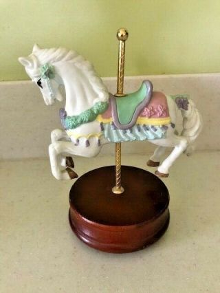 Vintage Porcelain Carousel Horse - Music Box With Wood Base - 7 " Tall