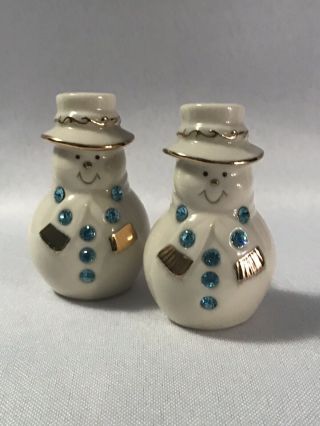 Lenox Light Blue Rhinestone Gold Trim Snowmen Salt And Pepper Shakers