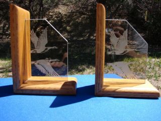 Vintage Mid Century Mod Oak Wood Bookends Smoke Glass Flying Geese