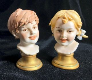 2 Vintage Signed Triade Benacchio Capodimonte Porcelain Bust Of Young Girl Boy