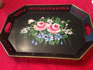 Vintage Black/roses & Flowers Hand Painted Metal Toleware 18 " X13.  5 " Tray