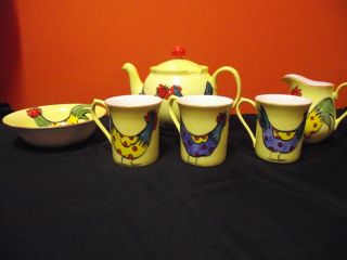 Awesome English Hand Painted Bone China Rooster Teapot Set Bright - Great Price