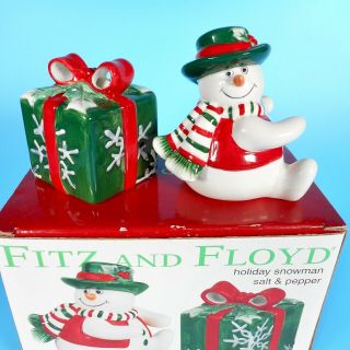 Fitz And Floyd Snowman Salt & Pepper Shaker Set Holiday Xmas Gift Box Red Green
