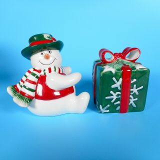 Fitz and Floyd Snowman Salt & Pepper Shaker Set Holiday Xmas Gift Box Red Green 3