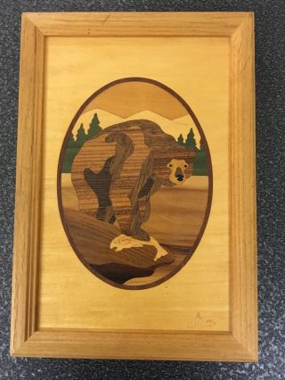Hudson River Inlay Wood Marquetry Bear Signed Nelson 7x10
