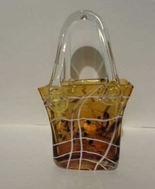 Murano Style Amber Striped Blown Art Glass Purse Vase