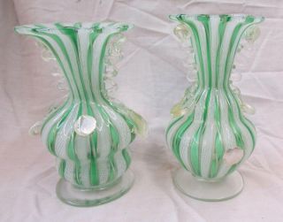 Set Of 2 Murano Hand Blown Green Ribbon White Latticino Glass Urn Vase Ss2