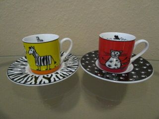 2 Konitz Porcelain Demitasse Coffee Cup Saucer Germany Cat & Giraffe