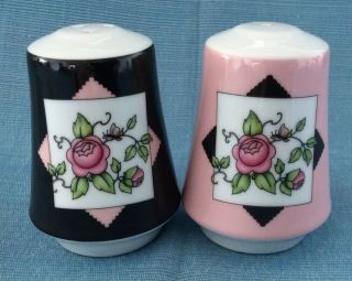 Mary Engelbreit Inc.  Ceramic Salt And Pepper Shakers,  Pink/black Floral,  2002