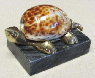 Vintage Brass & Shell Turtle On Marble Paperweight Taiwan