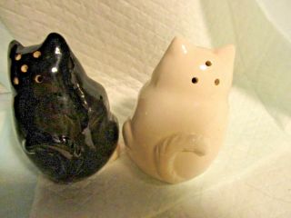Salt & Pepper Shakers Cats Holding Fish Black and White Cats Clay Art Vintage 4
