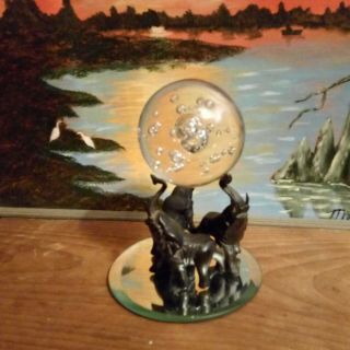 Crystal Ball (blown Glass) Paper Weight W/ Elephant Stand & Scry Mirror