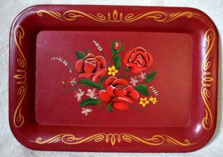 Maroon Mini Tray Decorative With Gold Design And Roses 6 5/8 X 4 5/8 In.